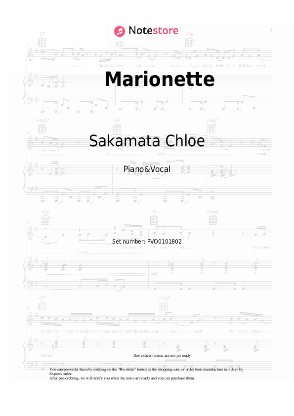 Marionette - Sakamata Chloe Piano Sheet Music with the Voice part - Piano&Vocal