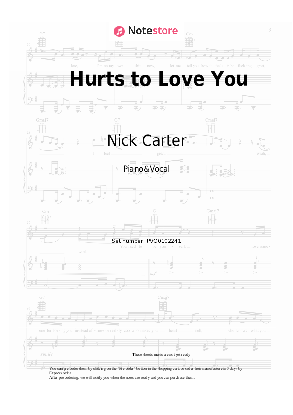 Hurts to Love You - Nick Carter Piano Sheet Music with the Voice part - Piano&Vocal