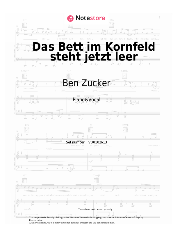 Sheet music with the voice part Ben Zucker - Das Bett im Kornfeld steht jetzt leer - Piano&Vocal