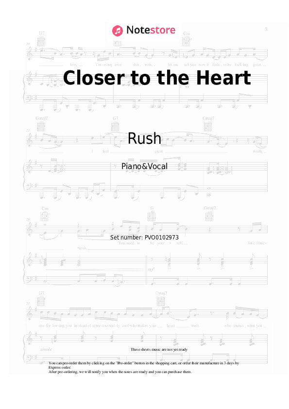 Sheet music with the voice part Rush - Closer to the Heart - Piano&Vocal