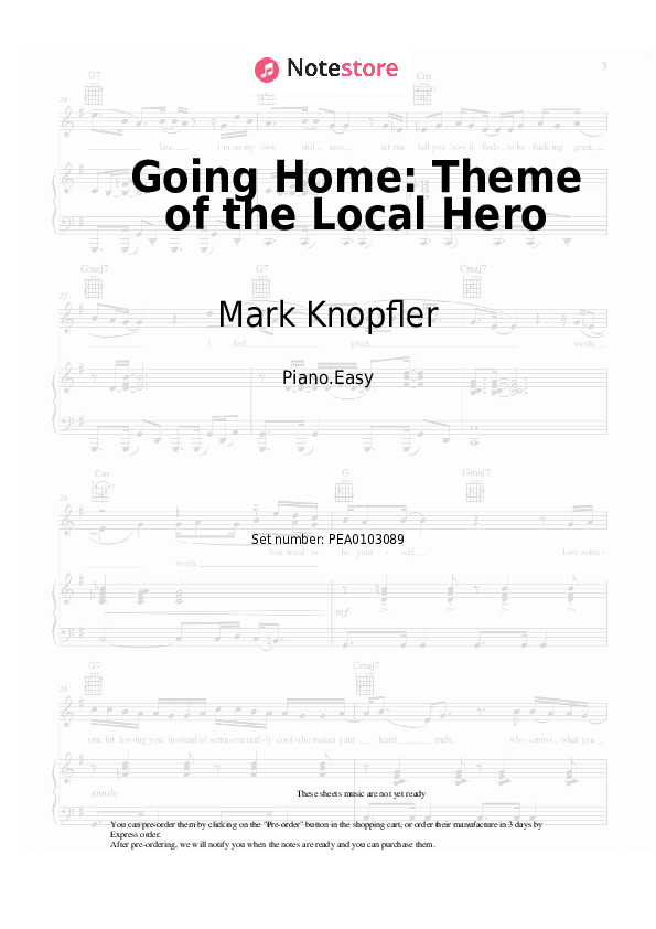 Easy sheet music Mark Knopfler - Going Home: Theme of the Local Hero - Piano.Easy
