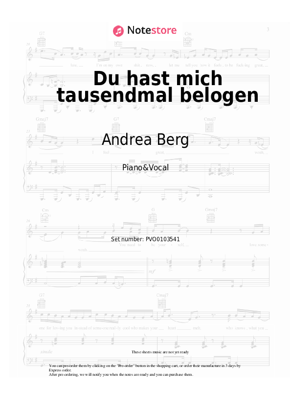 Sheet music with the voice part Andrea Berg - Du hast mich tausendmal belogen - Piano&Vocal