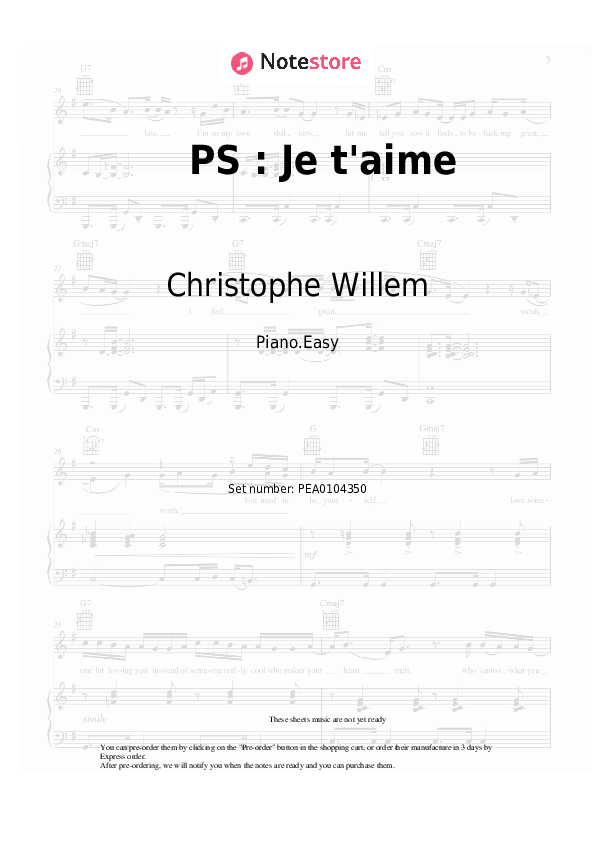 Easy sheet music Christophe Willem - PS : Je t'aime - Piano.Easy