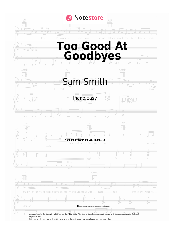 Easy sheet music Sam Smith - Too Good At Goodbyes - Piano.Easy