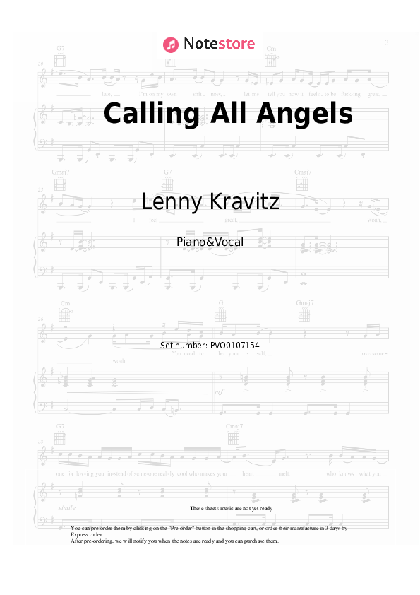 Calling All Angels - Lenny Kravitz Piano Sheet Music with the Voice part - Piano&Vocal