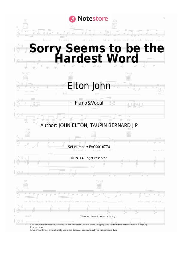 Sheet music with the voice part Elton John - Sorry Seems to be the Hardest Word - Piano&Vocal