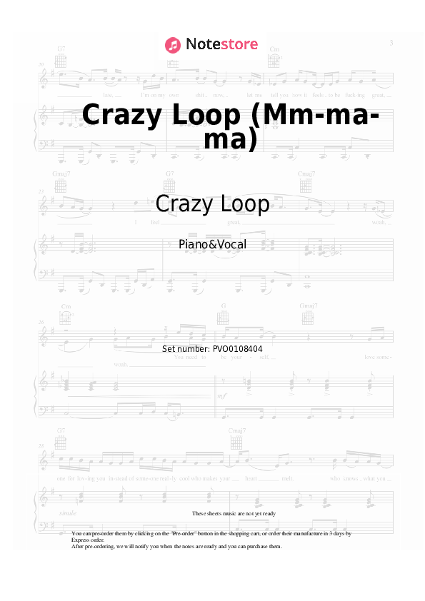 Crazy Loop (Mm-ma-ma) - Crazy Loop Piano Sheet Music with the Voice part - Piano&Vocal