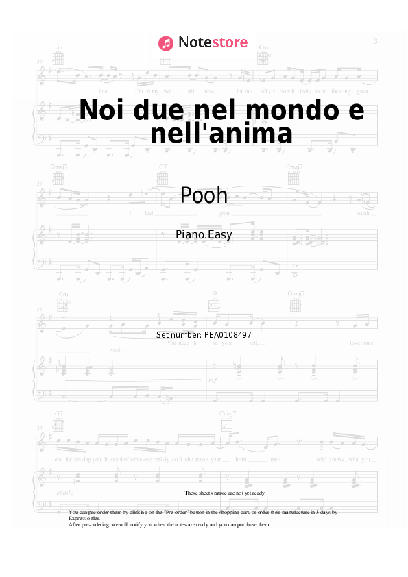 Easy sheet music Pooh - Noi due nel mondo e nell'anima - Piano.Easy