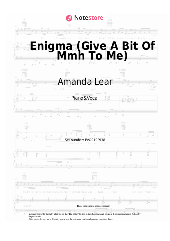 Enigma (Give A Bit Of Mmh To Me) - Amanda Lear Piano Sheet Music with the Voice part - Piano&Vocal