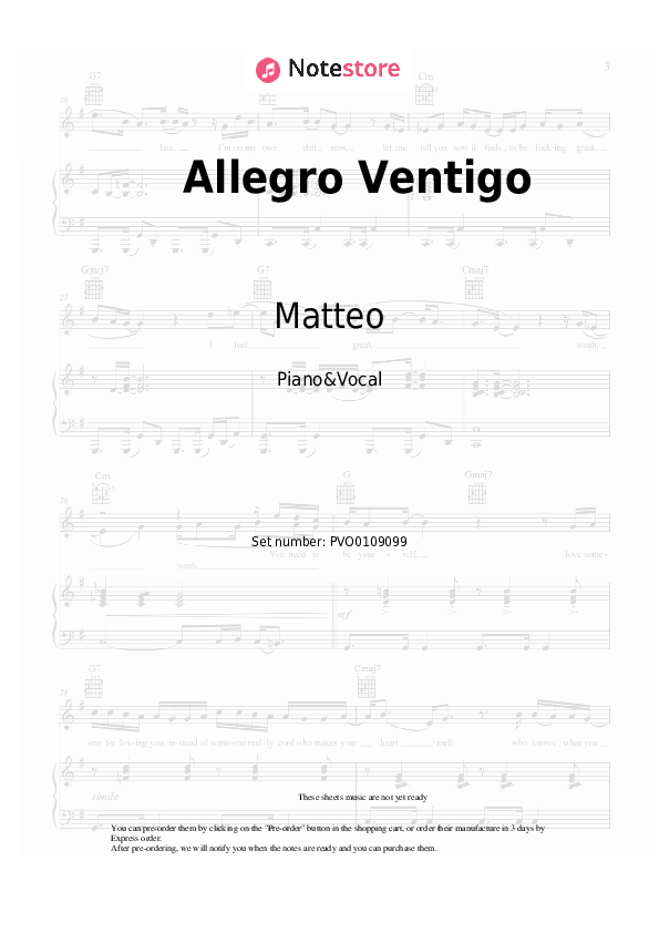 Sheet music with the voice part Dan Balan, Matteo - Allegro Ventigo - Piano&Vocal