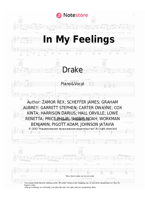 Sheet music with the voice part Drake - In My Feelings - Piano&Vocal