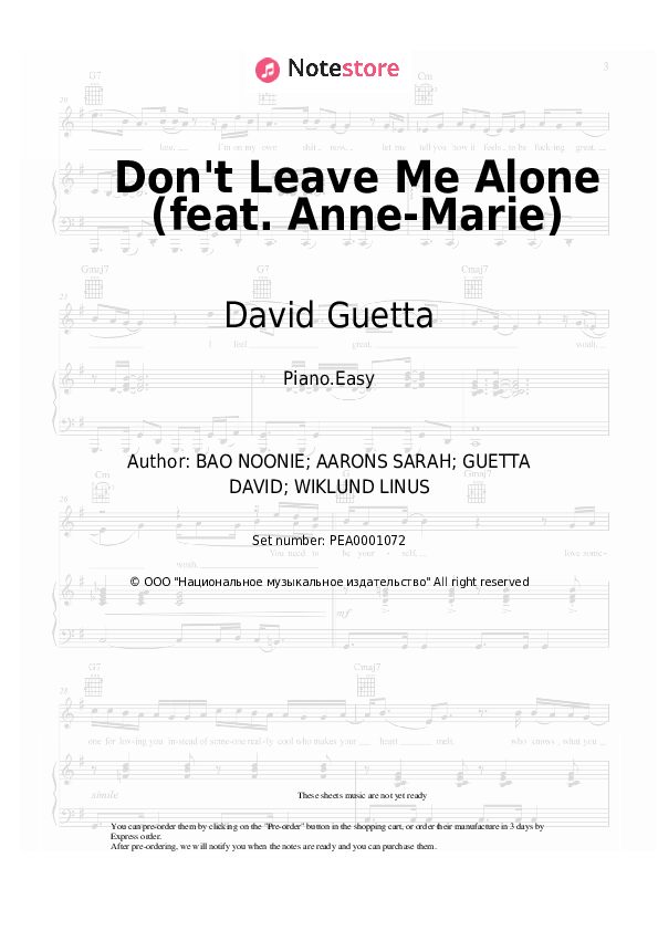 Easy sheet music David Guetta - Don't Leave Me Alone (feat. Anne-Marie) - Piano.Easy