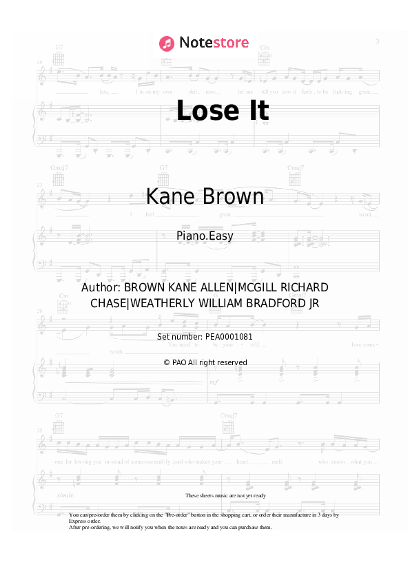 Easy sheet music Kane Brown - Lose It - Piano.Easy
