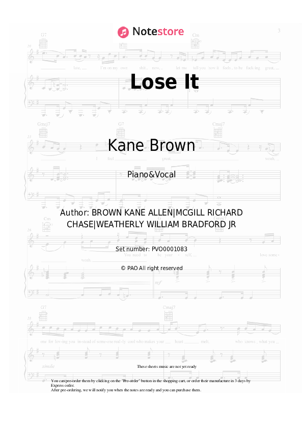 Lose It - Kane Brown Piano Sheet Music with the Voice part - Piano&Vocal