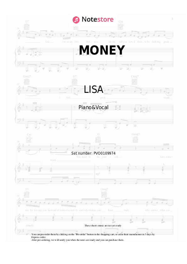 MONEY - LISA Piano Sheet Music with the Voice part - Piano&Vocal