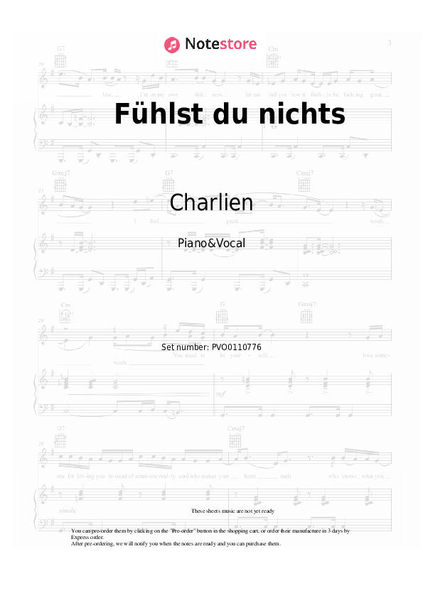 Sheet music with the voice part Charlien - Fühlst du nichts - Piano&Vocal