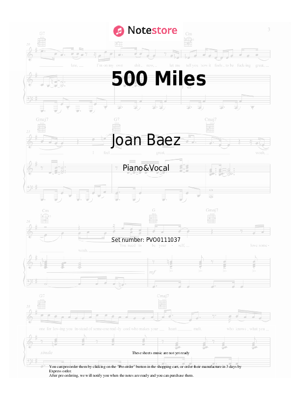 Sheet music with the voice part Joan Baez - 500 Miles - Piano&Vocal