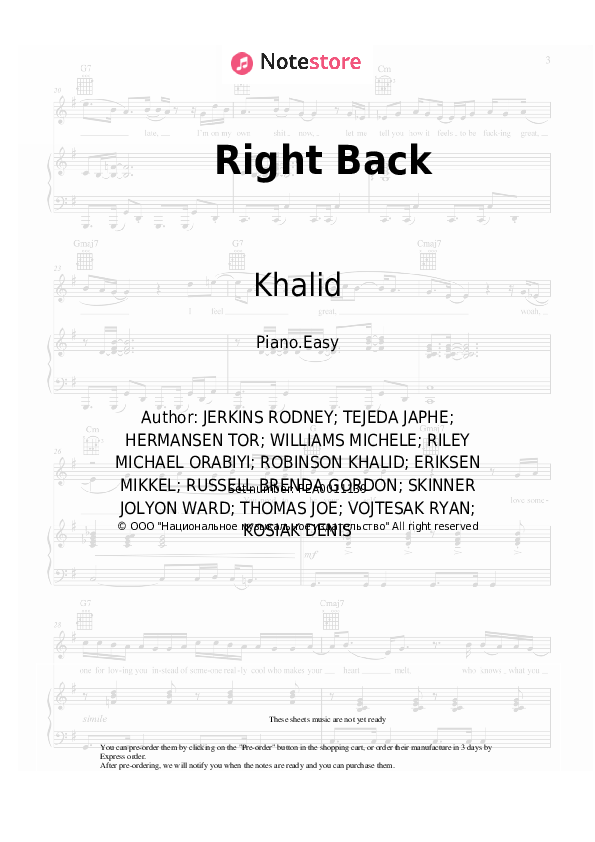 Right Back - Khalid Piano Sheet Music Easy - Piano.Easy