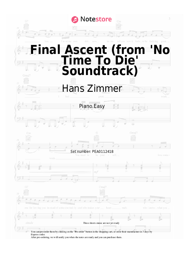 Easy sheet music Hans Zimmer - Final Ascent (from 'No Time To Die' Soundtrack) - Piano.Easy