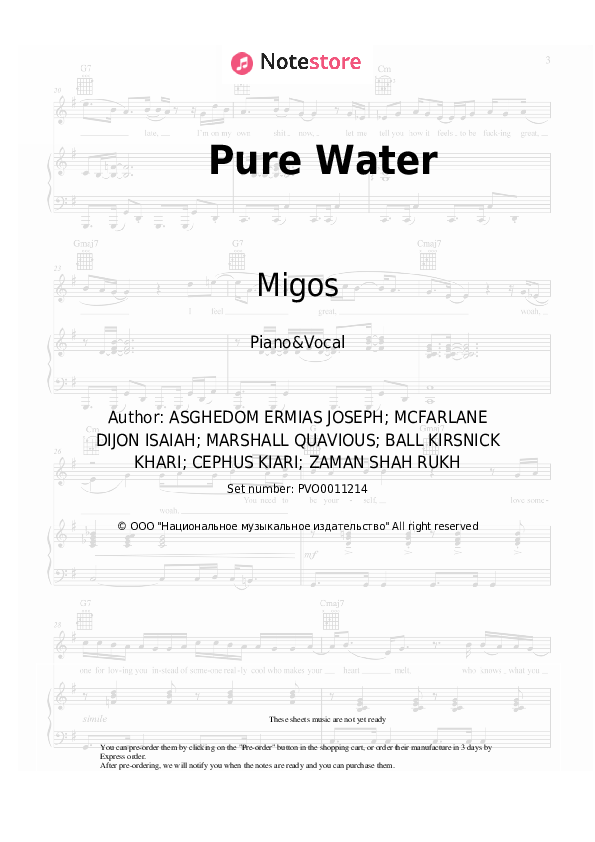 Sheet music with the voice part Mustard, Migos - Pure Water - Piano&Vocal