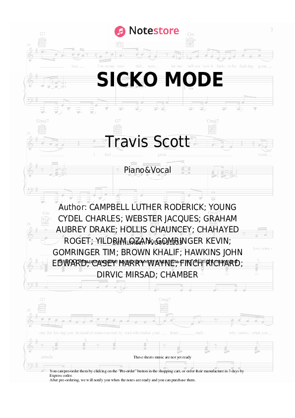 SICKO MODE - Travis Scott Piano Sheet Music with the Voice part - Piano&Vocal