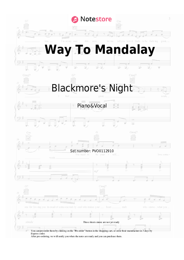 Way To Mandalay - Blackmore's Night Piano Sheet Music with the Voice part - Piano&Vocal