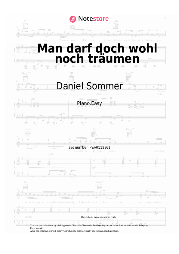 Man darf doch wohl noch träumen - Daniel Sommer Piano Sheet Music Easy - Piano.Easy