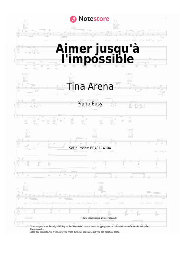 Aimer jusqu'à l'impossible - Tina Arena Piano Sheet Music Easy - Piano.Easy