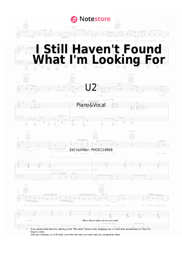 Sheet music with the voice part U2 - I Still Haven't Found What I'm Looking For - Piano&Vocal