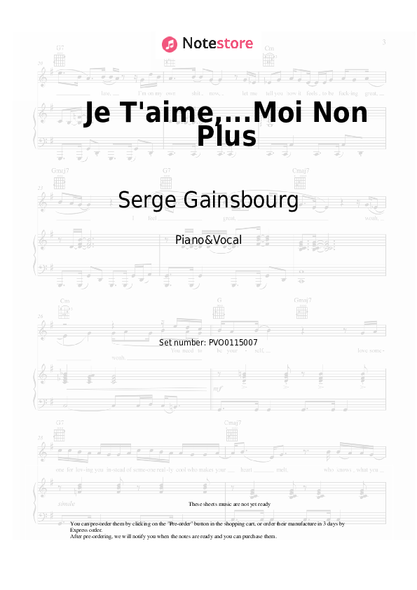 Sheet music with the voice part Jane Birkin, Serge Gainsbourg - Je T'aime,...Moi Non Plus - Piano&Vocal