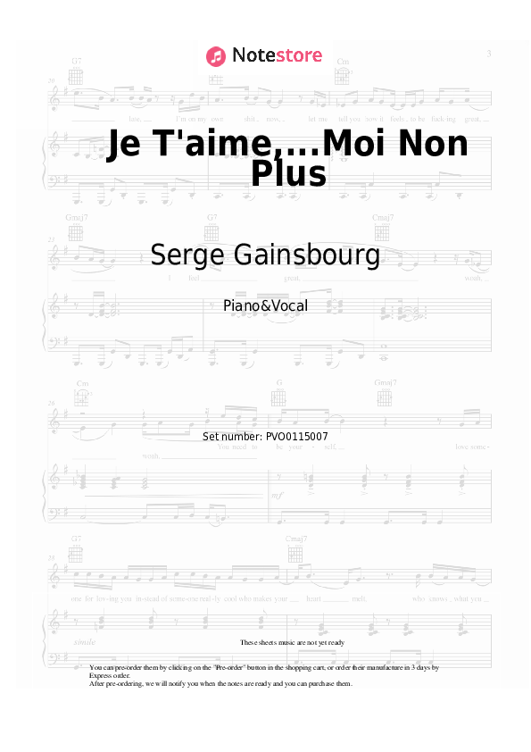 Je T'aime,...Moi Non Plus - Jane Birkin, Serge Gainsbourg Piano Sheet Music with the Voice part - Piano&Vocal