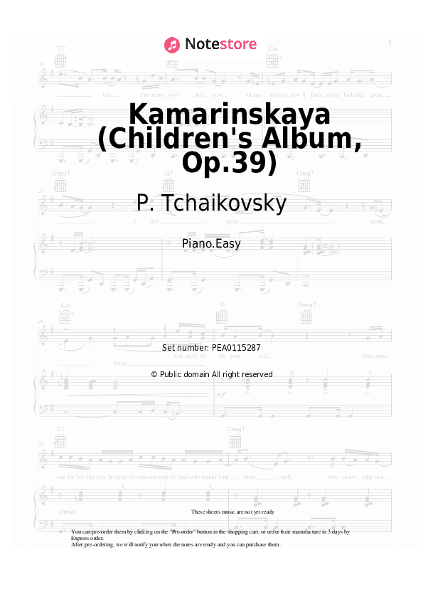 Easy sheet music P. Tchaikovsky - Kamarinskaya (Children's Album, Op.39) - Piano.Easy