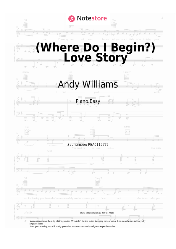 Easy sheet music Andy Williams - (Where Do I Begin?) Love Story - Piano.Easy