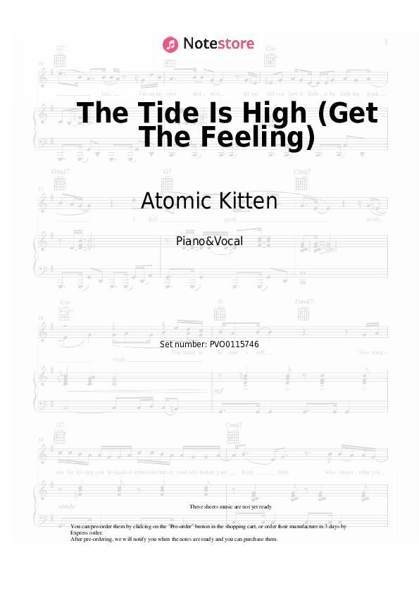 Sheet music with the voice part Atomic Kitten - The Tide Is High (Get The Feeling) - Piano&Vocal