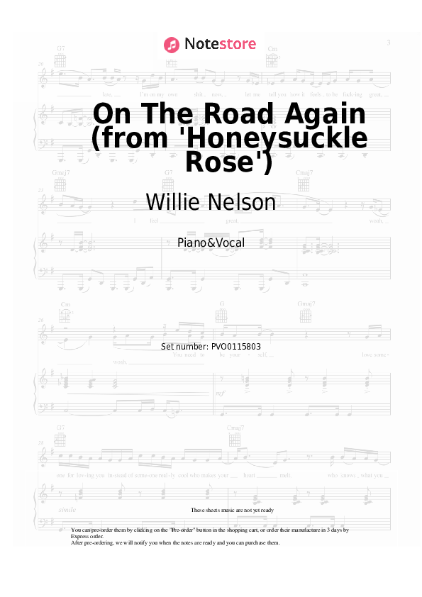 Sheet music with the voice part Willie Nelson - On The Road Again (from 'Honeysuckle Rose') - Piano&Vocal