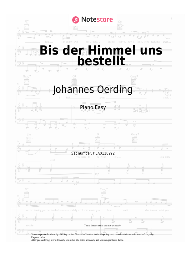 Bis der Himmel uns bestellt - Johannes Oerding Piano Sheet Music Easy - Piano.Easy