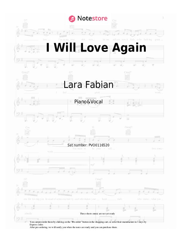 Sheet music with the voice part Lara Fabian - I Will Love Again - Piano&Vocal