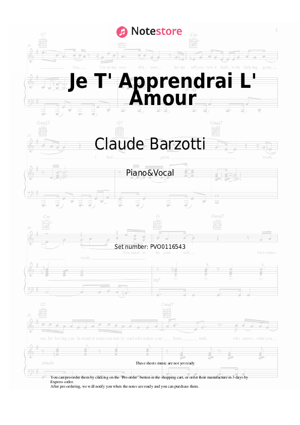 Sheet music with the voice part Claude Barzotti - Je T' Apprendrai L' Amour - Piano&Vocal