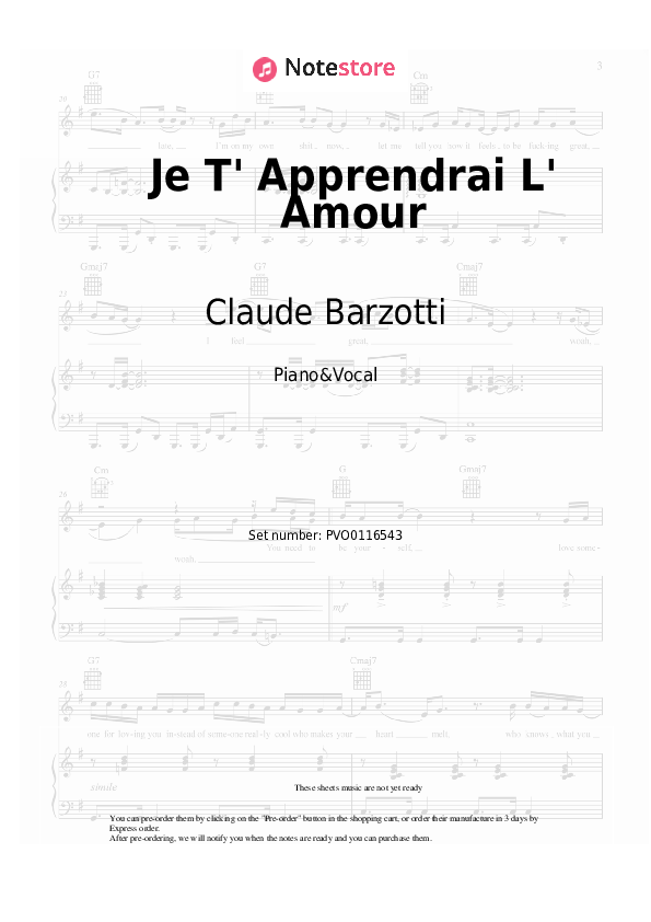 Je T' Apprendrai L' Amour - Claude Barzotti Piano Sheet Music with the Voice part - Piano&Vocal