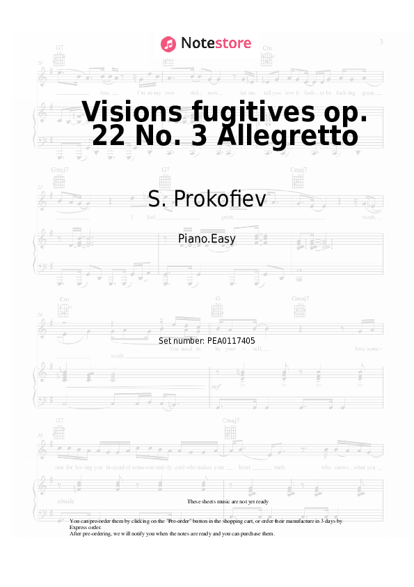 Easy sheet music S. Prokofiev - Visions fugitives op. 22 No. 3 Allegretto - Piano.Easy