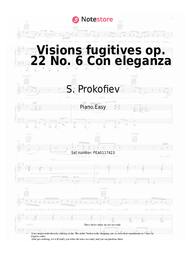 Easy sheet music S. Prokofiev - Visions fugitives op. 22 No. 6 Con eleganza - Piano.Easy