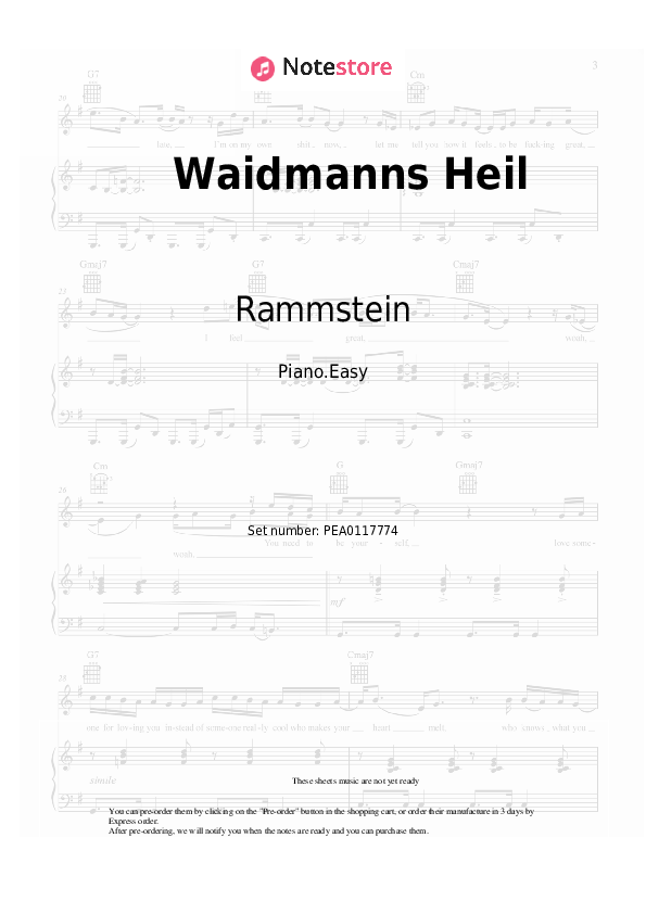 Easy sheet music Rammstein - Waidmanns Heil - Piano.Easy
