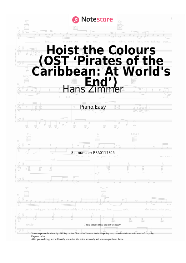 Easy sheet music Hans Zimmer - Hoist the Colours (OST ‘Pirates of the Caribbean: At World's End’) - Piano.Easy