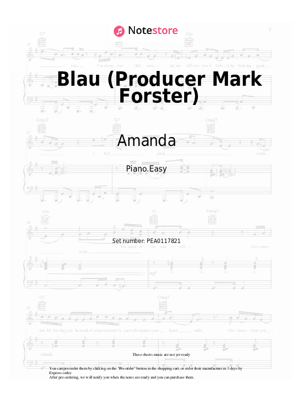 Easy sheet music Amanda, Sido - Blau - Piano.Easy