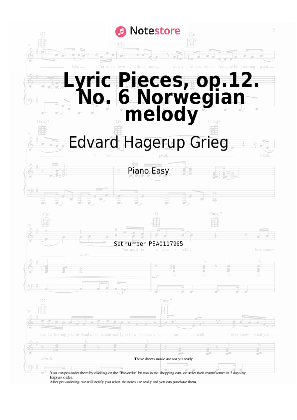 Easy sheet music Edvard Hagerup Grieg - Lyric Pieces, op.12. No. 6 Norwegian melody - Piano.Easy