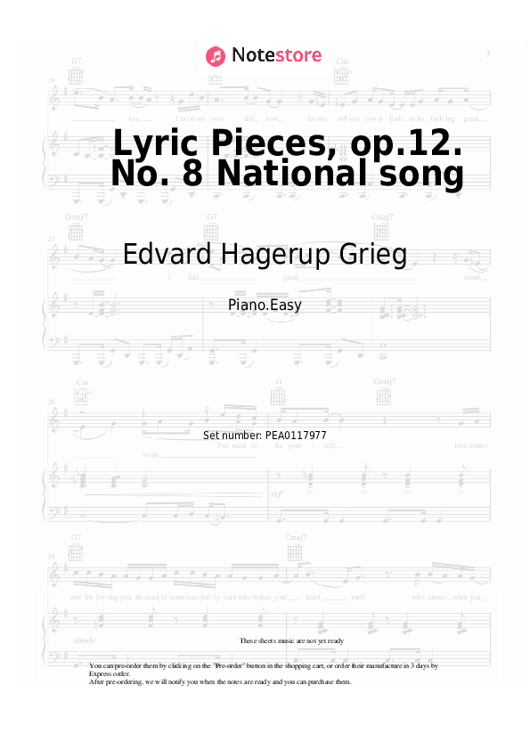 Lyric Pieces, op.12. No. 8 National song - Edvard Hagerup Grieg Piano Sheet Music Easy - Piano.Easy