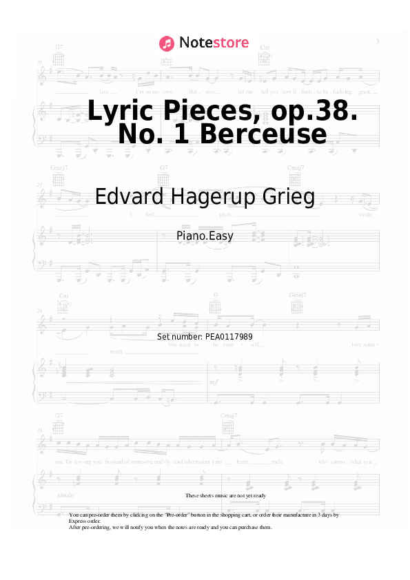 Easy sheet music Edvard Hagerup Grieg - Lyric Pieces, op.38. No. 1 Berceuse - Piano.Easy