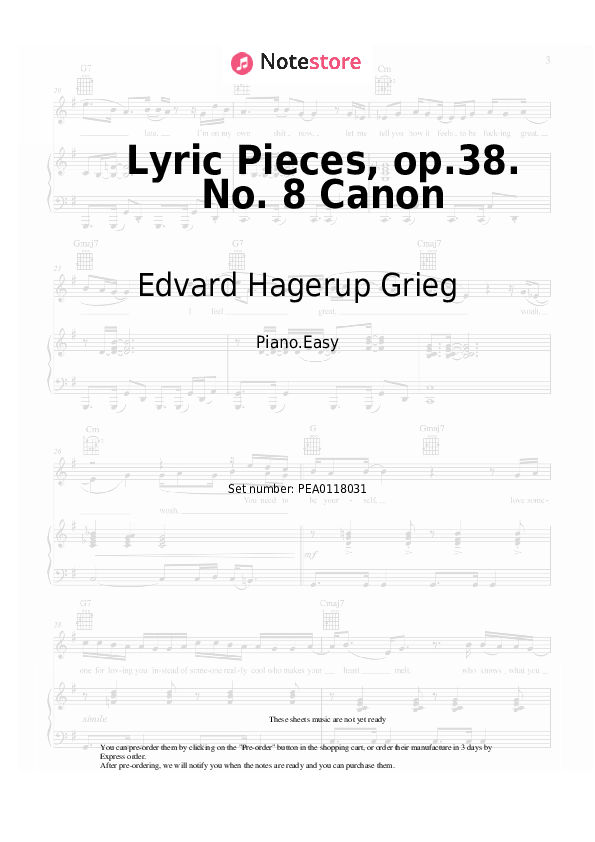 Easy sheet music Edvard Hagerup Grieg - Lyric Pieces, op.38. No. 8 Canon - Piano.Easy