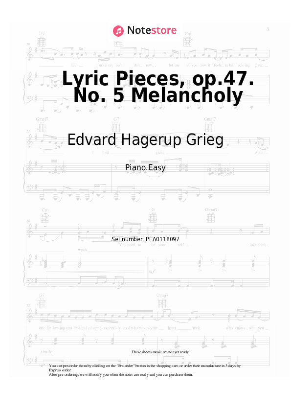 Easy sheet music Edvard Hagerup Grieg - Lyric Pieces, op.47. No. 5 Melancholy - Piano.Easy