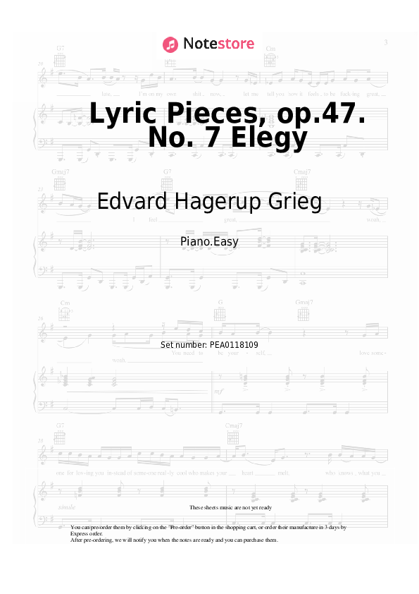 Easy sheet music Edvard Hagerup Grieg - Lyric Pieces, op.47. No. 7 Elegy - Piano.Easy